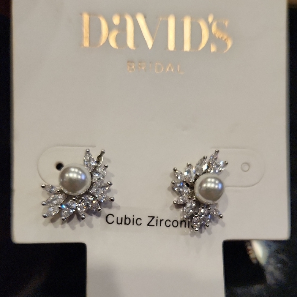 David's Bridal Pearl and Cubic Zirconia Earrings